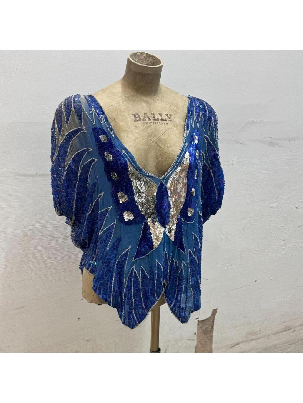 Vintage Broadway Costume 70s Blue Sequin Beaded Butterfly Silk Fairy Top